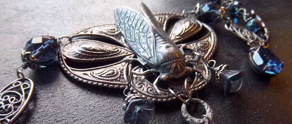 Gunmetal and Silver Cicada Necklace w Montana Blue Swarovski